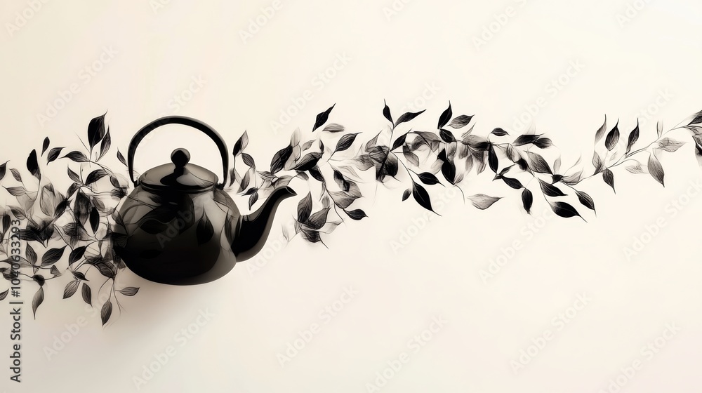 Poster An artistic silhouette features a teapot evolving into graceful tea leaves, symbolizing the preparation of tea in a unique style. Generative AI