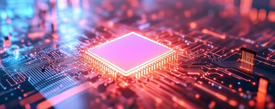 Quantum computing software development, neon circuits, sleek digital workspace