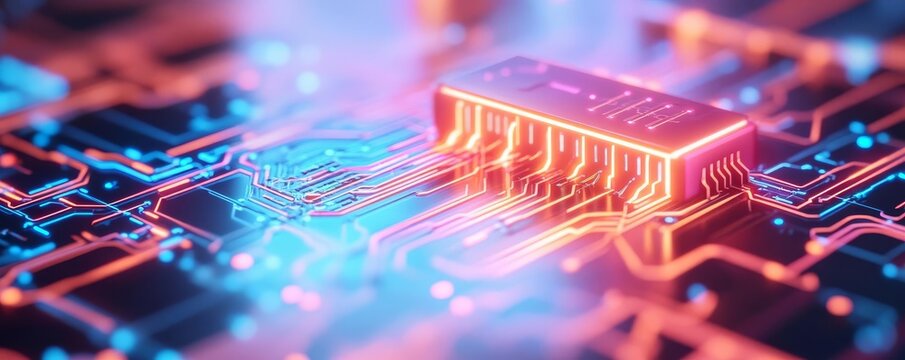 Quantum computing software development, neon circuits, sleek digital workspace