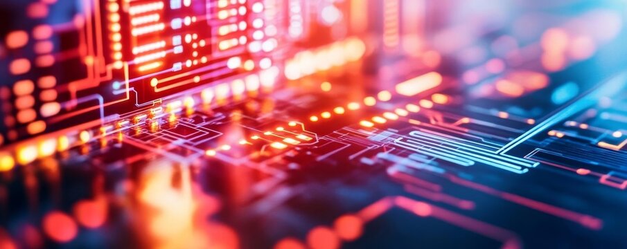 Quantum computing software development, neon circuits, sleek digital workspace