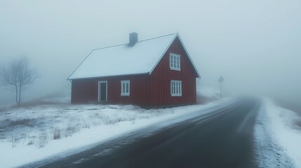 Misty autumn morning in a rural village, with vibrant fall trees and fog covering the houses, ideal for tranquil countryside visuals.