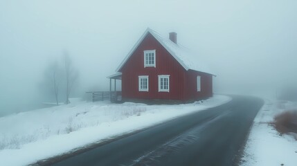 Misty autumn morning in a rural village, with vibrant fall trees and fog covering the houses, ideal for tranquil countryside visuals.