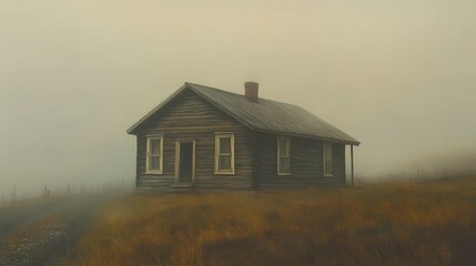 Obraz premium Misty autumn morning in a rural village, with vibrant fall trees and fog covering the houses, ideal for tranquil countryside visuals.