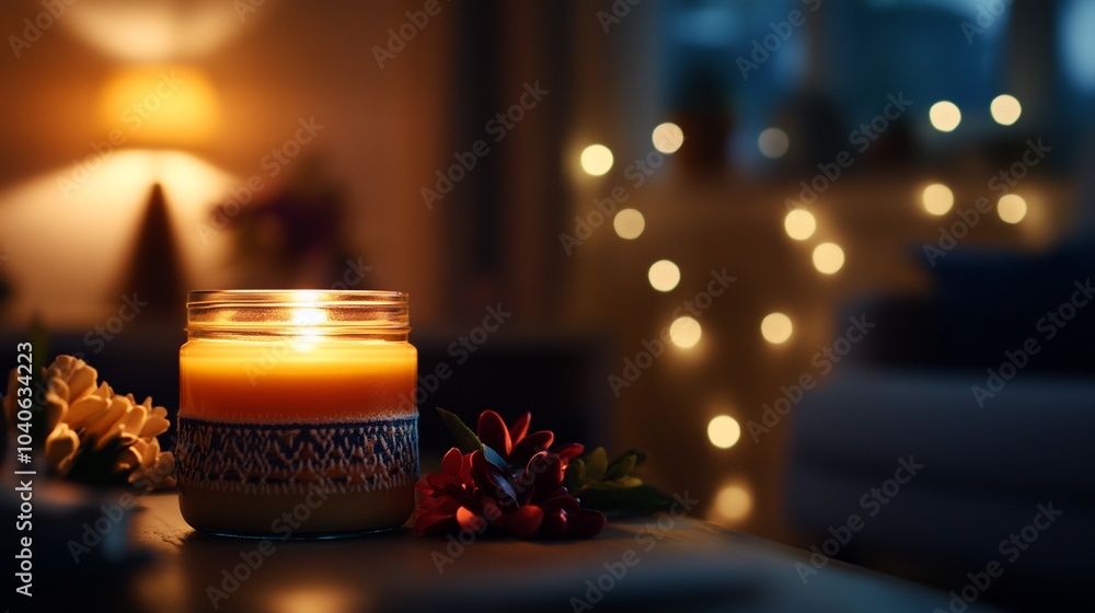 Poster a lit candle with a decorative jar sits on a table with flowers and a blurred background of a living