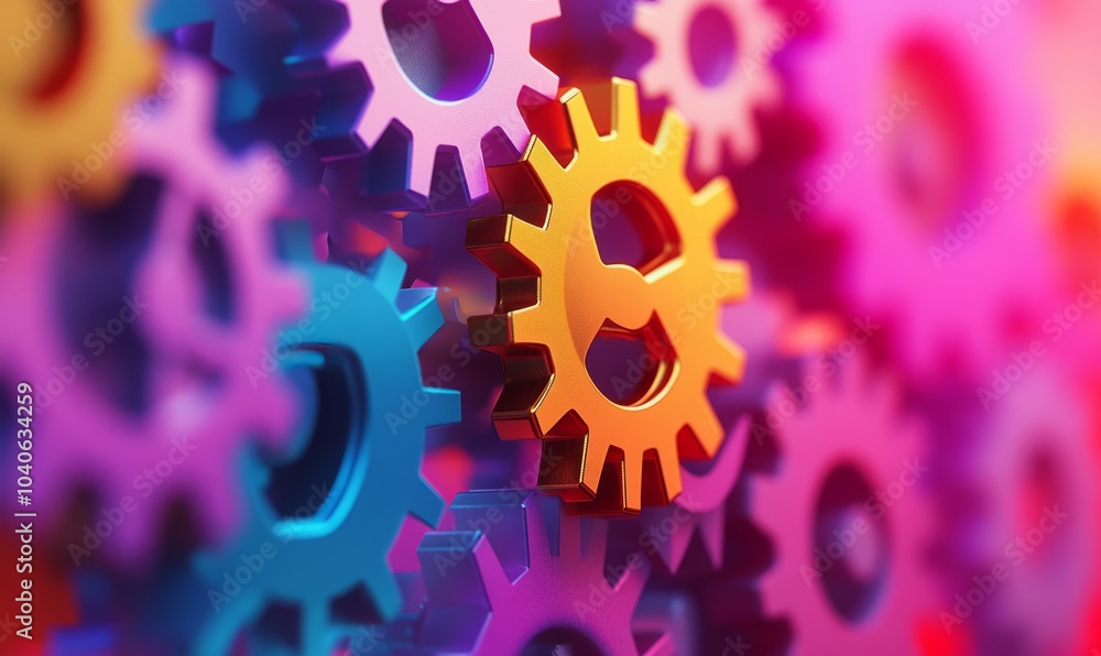 Poster colorful interlocking gears in synchronized motion against a vibrant background showcasing mechanica