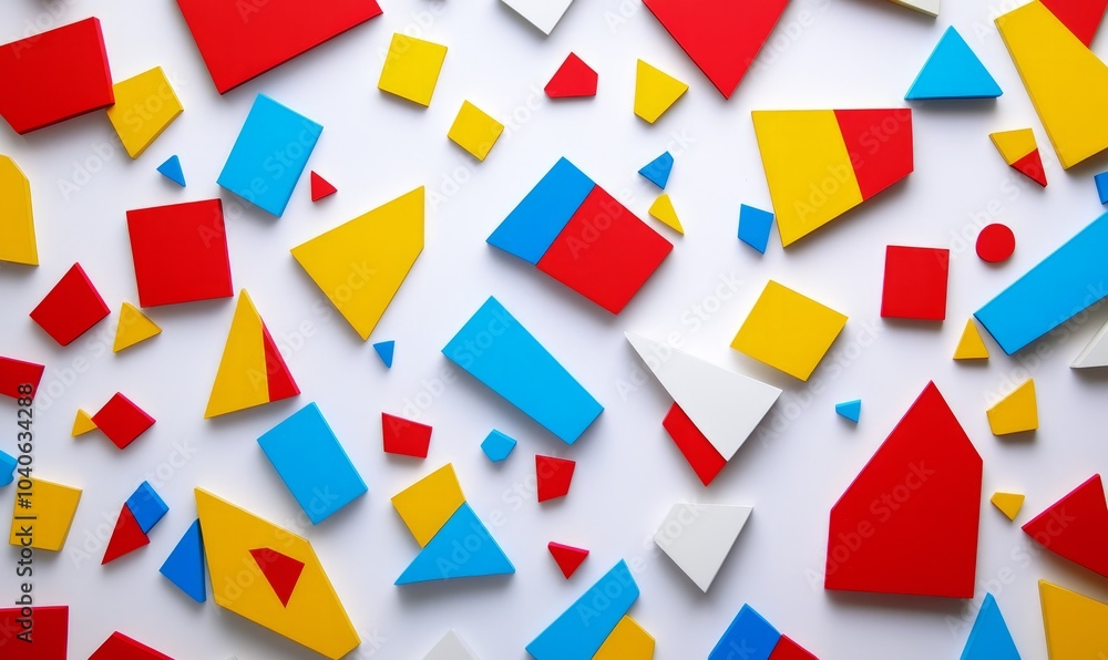 Poster colorful geometric shapes in primary colors scattered over a white surface, creating a vibrant and d