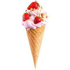 Strawberry ice cream cone, elegantly displayed against a transparent background. Visual and sweet!