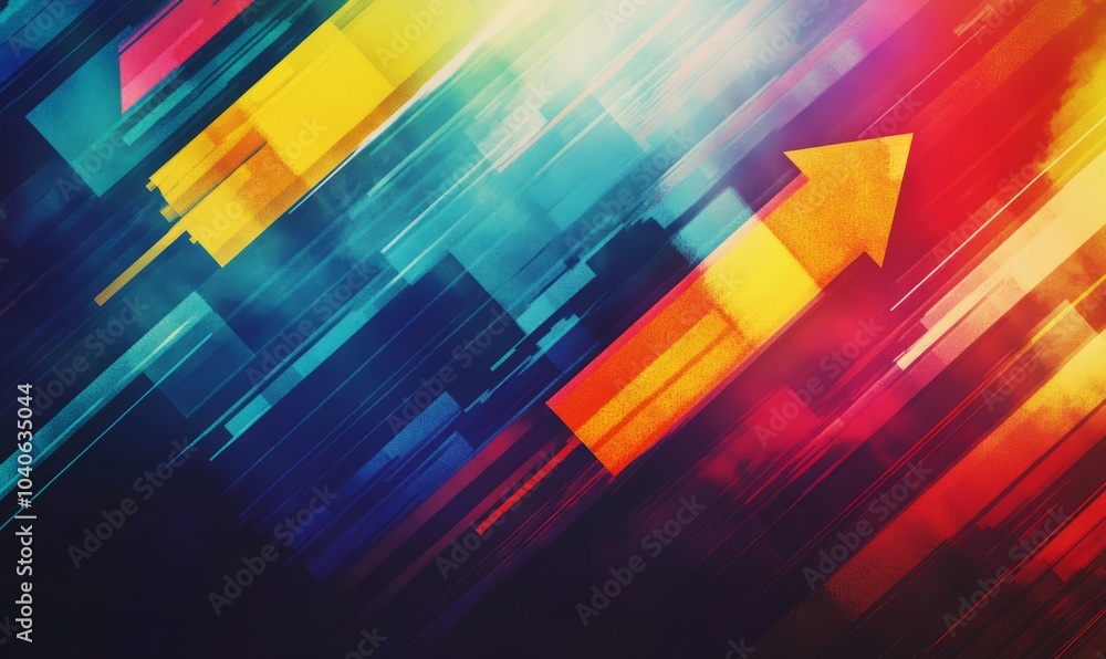 Poster colorful and dynamic abstract arrows pointing in various directions on a vibrant background