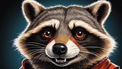 A vibrant raccoon character wearing an orange hoodie, smiling warmly against a blue background