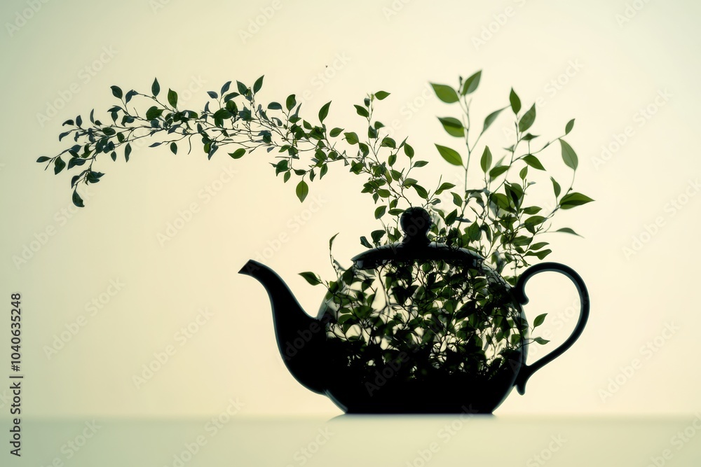 Poster The silhouette features a teapot blending seamlessly into tea leaves, symbolizing the essence of tea and nature. Generative AI