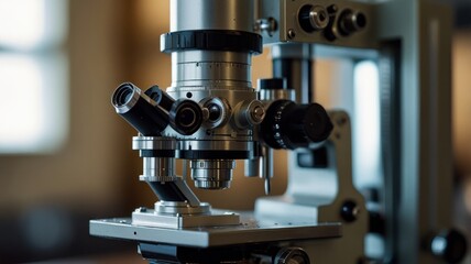 Fototapeta premium A close-up of the sophisticated microscope, showing its intricate design and precision engineering. The silver body of the microscope is adorned with dials, knobs, and lenses.
