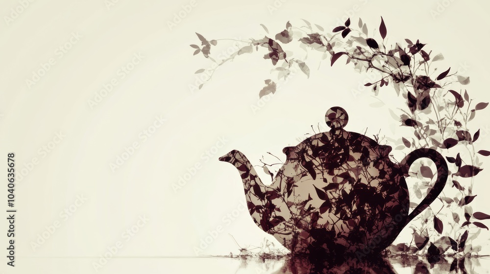 Poster a teapot silhouette merges beautifully with tea leaves, creating an abstract representation of a tra