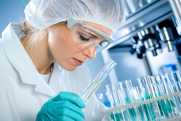 Fototapeta premium scientist pipetting clear liquid into test tube, sterile lab environment