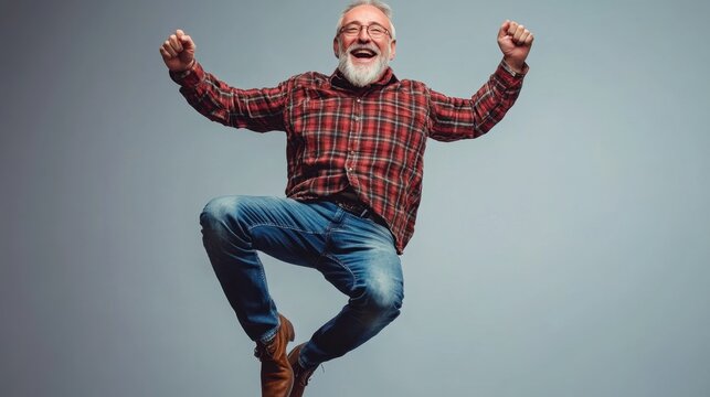 Joyful elderly man jumping in air with a cheerful expression