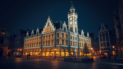 Fototapeta premium Illuminated Post Building and Clock Tower at Korenmarkt Square, Ghent - Evening Portrait Photography