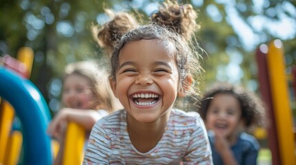 A group of diverse children playing together in a sunny park, laughing and enjoying outdoor activities with bright smiles,