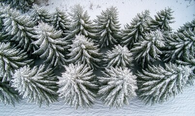 Drone photo of snow covered evergreen trees after a winter blizzard in Lithuania