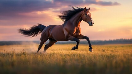 A bay horse with a flowing mane and tail runs through a field at sunset.