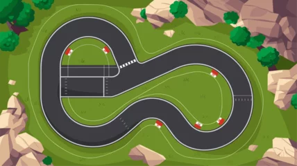 Fototapete Race track for cars top view, circuit road cartoon background for game, racetrack in outdoor natural location with green grass and rocks, asphalted way loop for formula f1 competition, vector path © Alexander