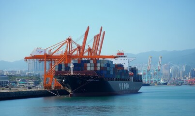 Fototapeta premium Container ship is docking in a busy port