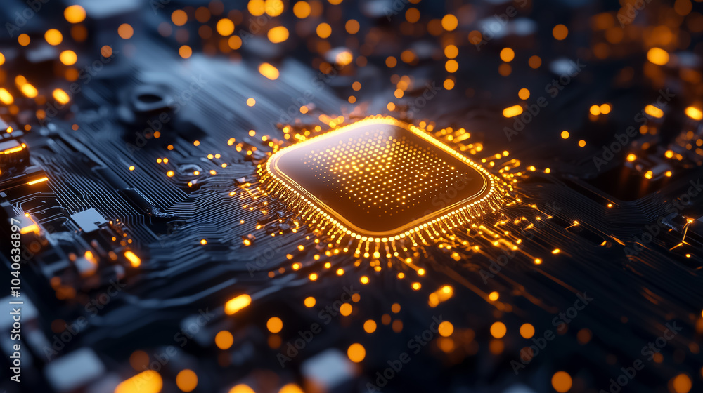 Poster a detailed depiction of quantum computing components illuminated by vibrant circuits and intricate d