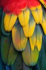 Fototapeta premium Primer plano de las plumas de un pájaro tropical, plumas de guacamayo, close-up del plumaje de un loro