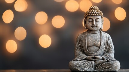 Fototapeta premium A serene Buddha statue with a textured surface, set against a soft, blurred background of warm, glowing lights.