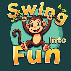 Fototapeta premium Cartoon Monkey Swinging on Vine with 'Swing into Fun' Text - Design