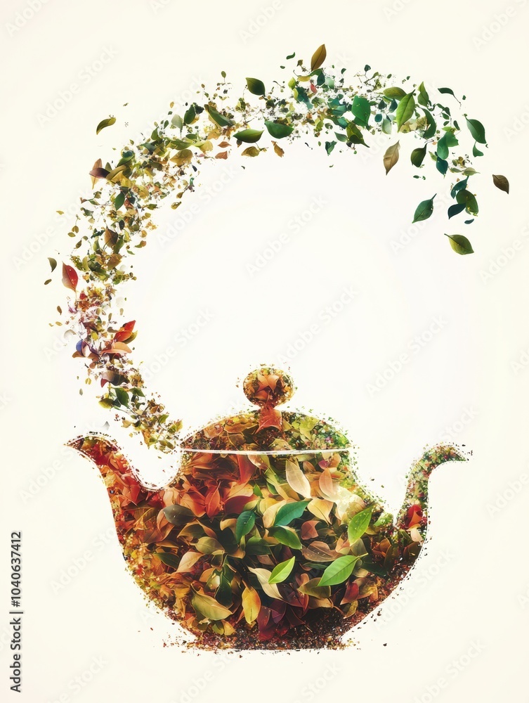 Poster a teapot merges into an array of vibrant tea leaves, illustrating the harmony between tea brewing an