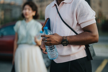 A diverse group of business professionals gather outdoors in a city setting, engaging in a casual meeting, reflecting teamwork and collaboration. Focus on personal interaction and city environment.
