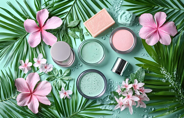 Close-up of various cosmetics including makeup and skincare products.