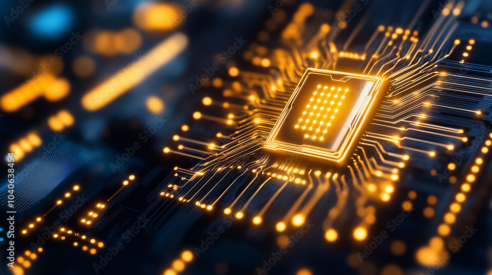 Poster an illuminated quantum computer with circuits and a microprocessor, highlighting innovation in techn