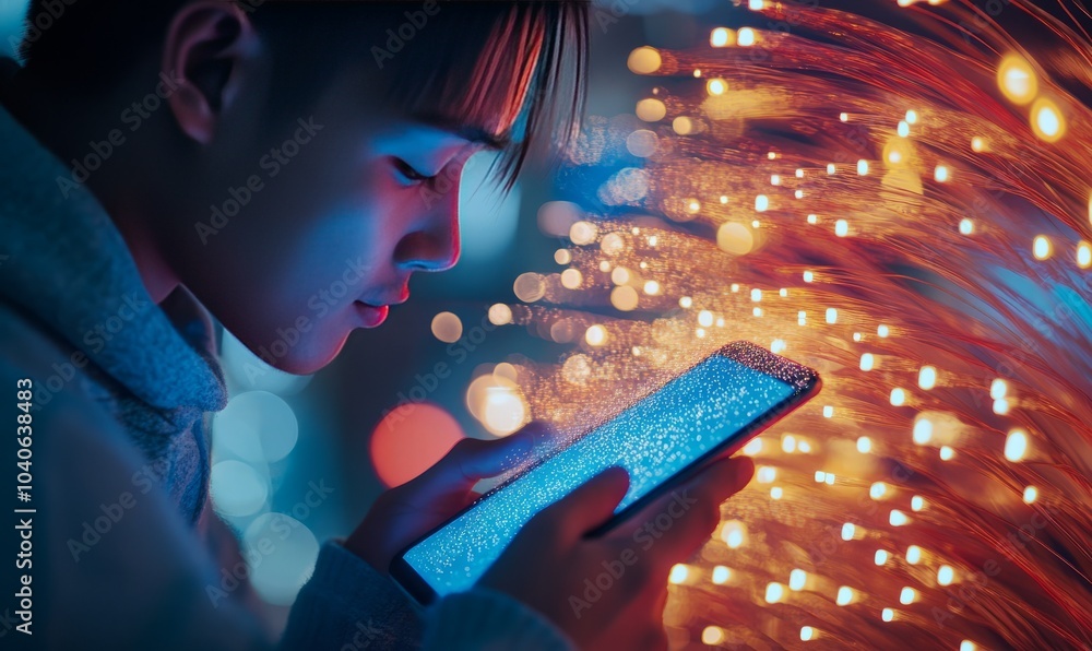 Poster close up young man use smartphone to surfing the internet with virtual interface fiber optical telec