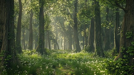 Obraz premium A forest clearing where the trees seem to be dancing, their trunks and branches moving fluidly