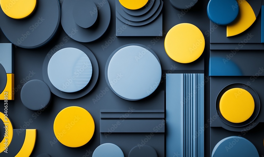 Poster bento grid layout with modern graphic design elements in gray color on dark background. blue and yel