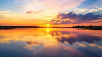 Fototapeta premium A serene sunset over a tranquil lake with reflections of colorful clouds, Nature contemplation theme, Peaceful style