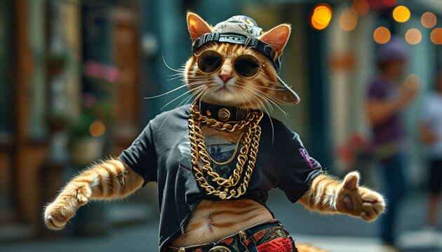 cool red cat rapper dancing on the street