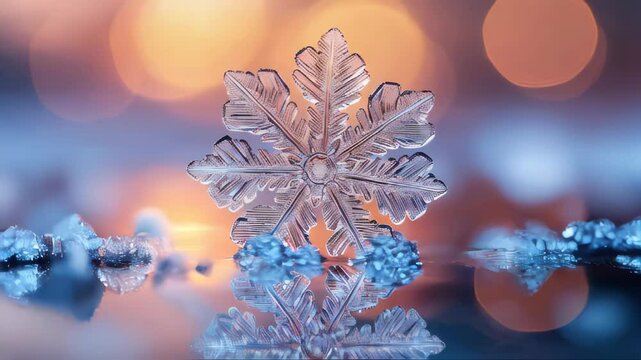 A close-up macro photograph of a delicate snowflake on a gradient background, showing intricate details of its crystalline structure