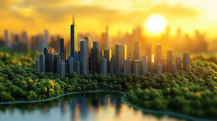 Fototapeta premium The skyline showcases innovative architecture at sunset, integrating renewable energy with natural landscapes