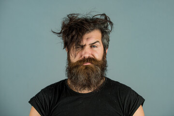 Good morning. Funny crazy Man awake in morning. Portrait of man with messy hair. Morning wellness. Morning routine for guy.