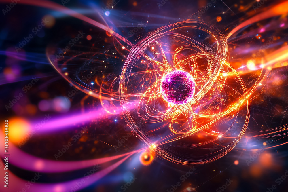 Poster colorful depiction of quantum computing elements showcasing particle interactions in a dynamic, swir