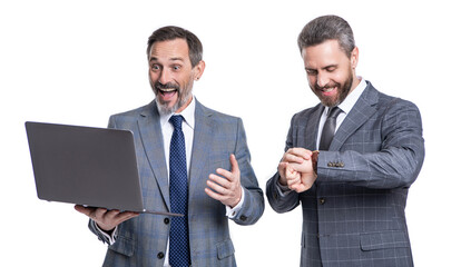 businessmen develop agile business. freelancing entrepreneur. video call. business meeting and video conference. two businessmen working online on laptop isolated on white. Remote work