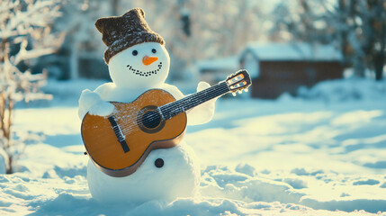 Snowman guitar and music winter with christmas snow holiday and play celebration joy, singing musician with cheerful musical instrument
