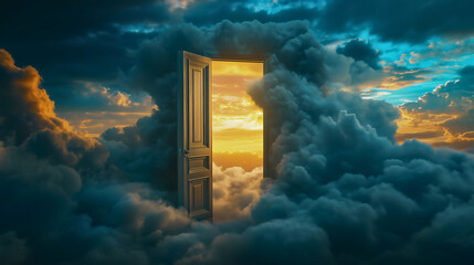 God heaven and door sky with sunny dream light and white entrance open, paradise divine with spiritual heavenly sunlight
