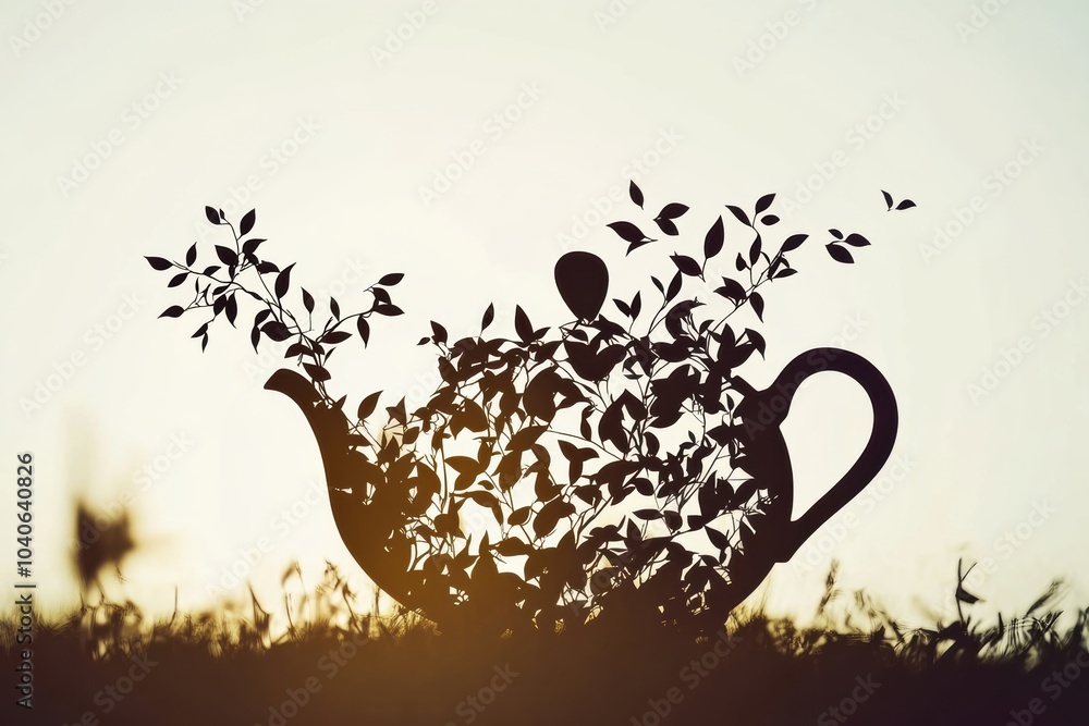 Poster a silhouette reveals a teapot merging beautifully with tea leaves, set against a soft sunset sky, cr