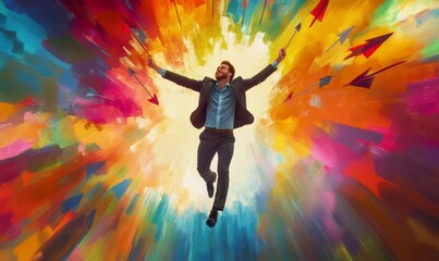 Business professional joyfully flying upward with arrows, symbolizing success and growth in a vibrant background