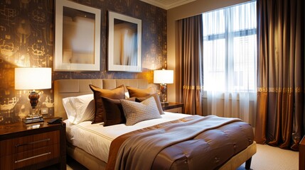 Elegant mid size bedroom with art deco features, upholstered bed, and minimalist wallpaper design