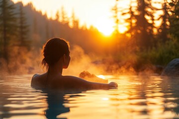 A serene evening view of a woman relaxing in a hot spring surrounded by nature during sunset in a mountain landscape