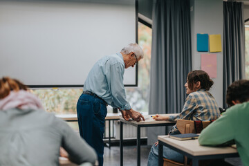 Obraz premium An elderly professor engages with students in a modern classroom setting, fostering a supportive educational atmosphere. The focus is on individual attention and active learning.