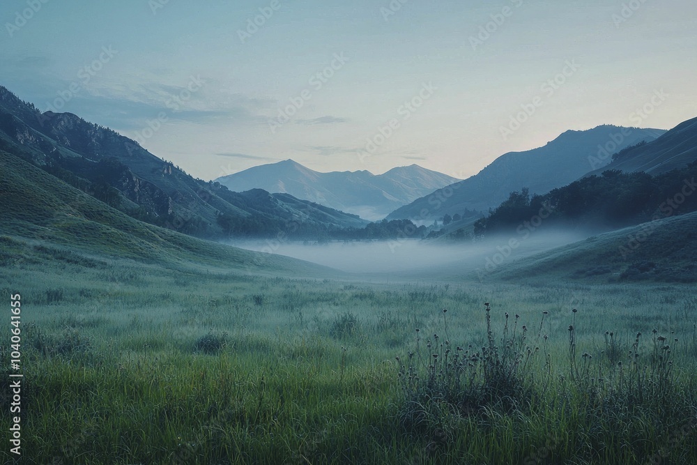 Poster A tranquil misty valley embraced by mountains, inspiring a profound bond with nature, gentle light, undulating hills, and a serene atmosphere.